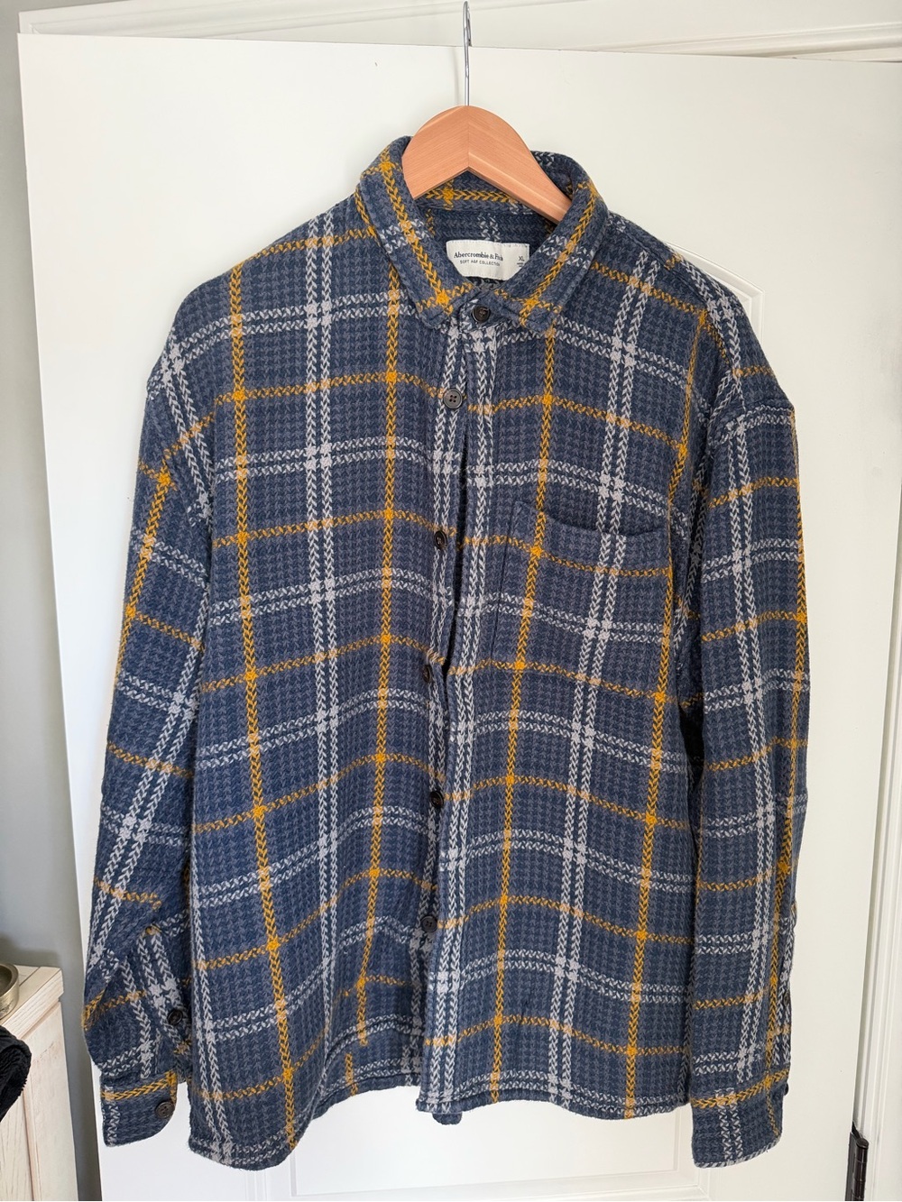 Abercrombie & Fitch Navy, Mustard & Light Gray Plaid Button-Up Shirt